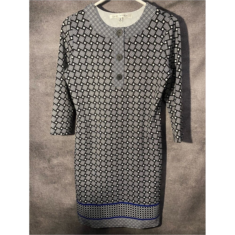 Max Studio Women's Medium Dress Geometric Black White 3/4 Sleeve Mod Shift